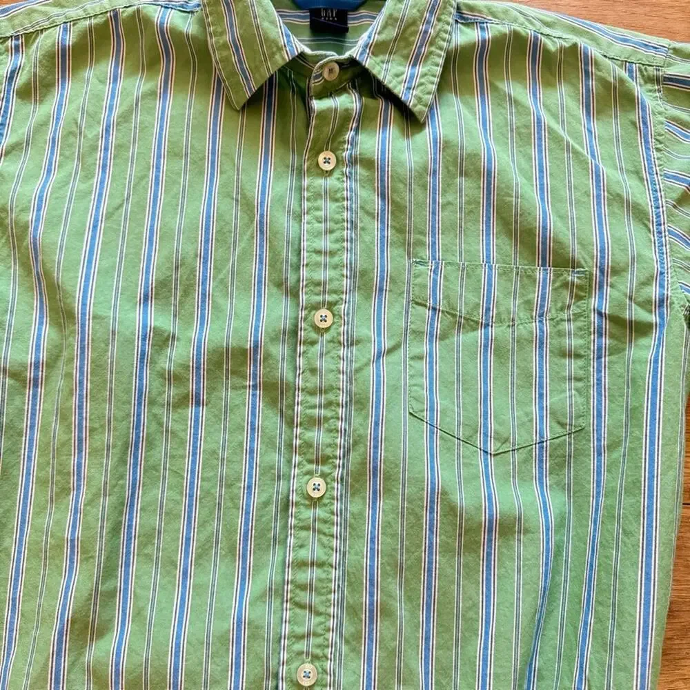 Gap Kids striped green blue long sleeve button-down shirt top size XL  b32